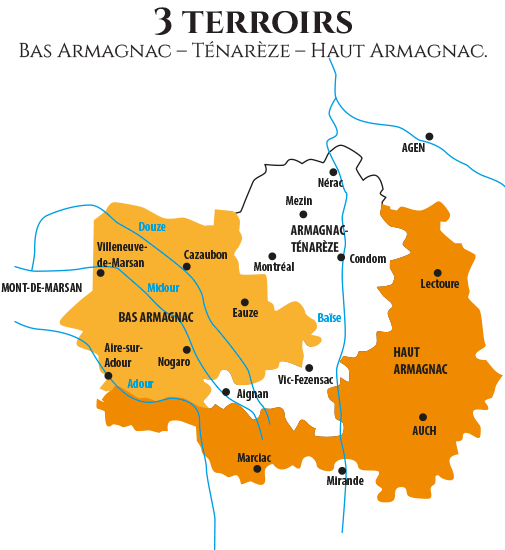 Zone géographique - Bas-Armagnac, Ténarèze,Haut-Armagnac
